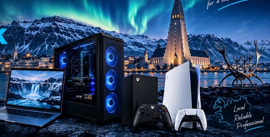 IT HelpDesk Reykjavík — laptop, gaming PC, Xbox and PS5 with Reykjavík and Hallgrímskirkja background